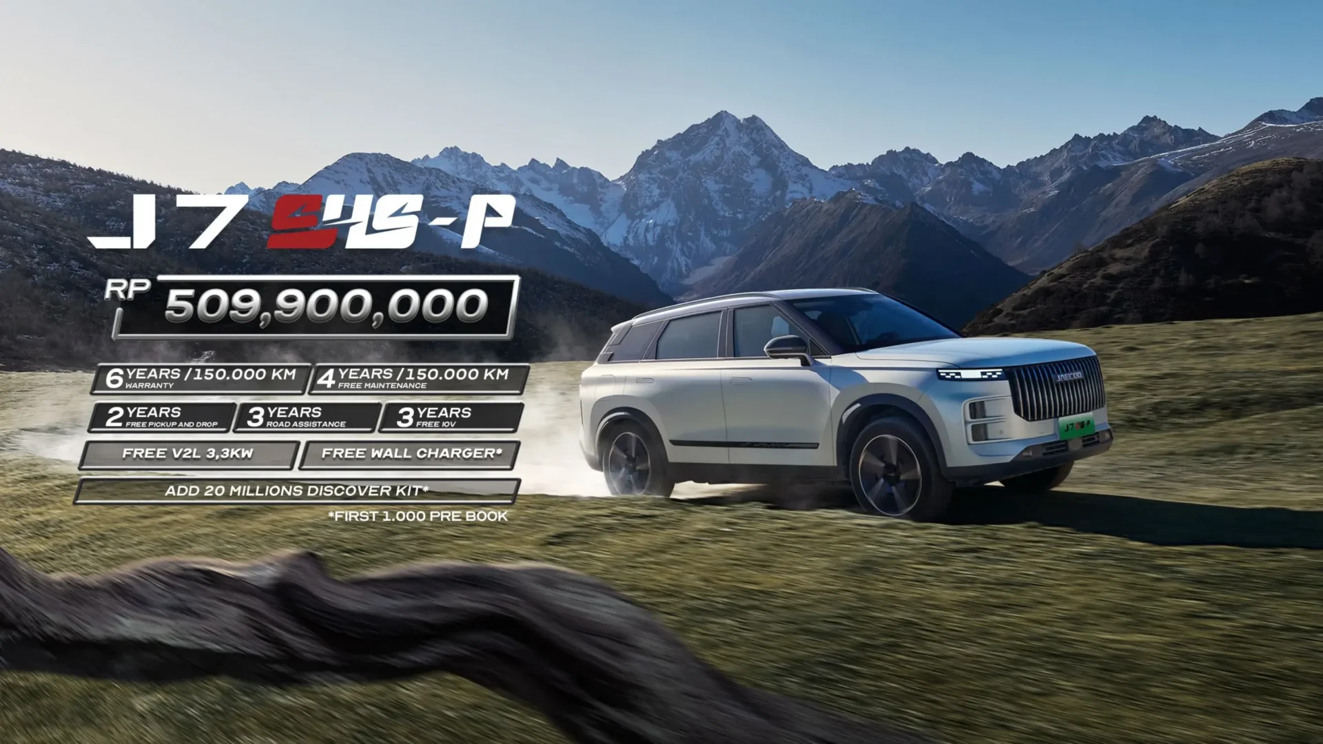 Jaecoo J7 SHS-P SUV listrik warna putih harga Rp 509.900.000 dengan garansi 6 tahun dan free wall charger